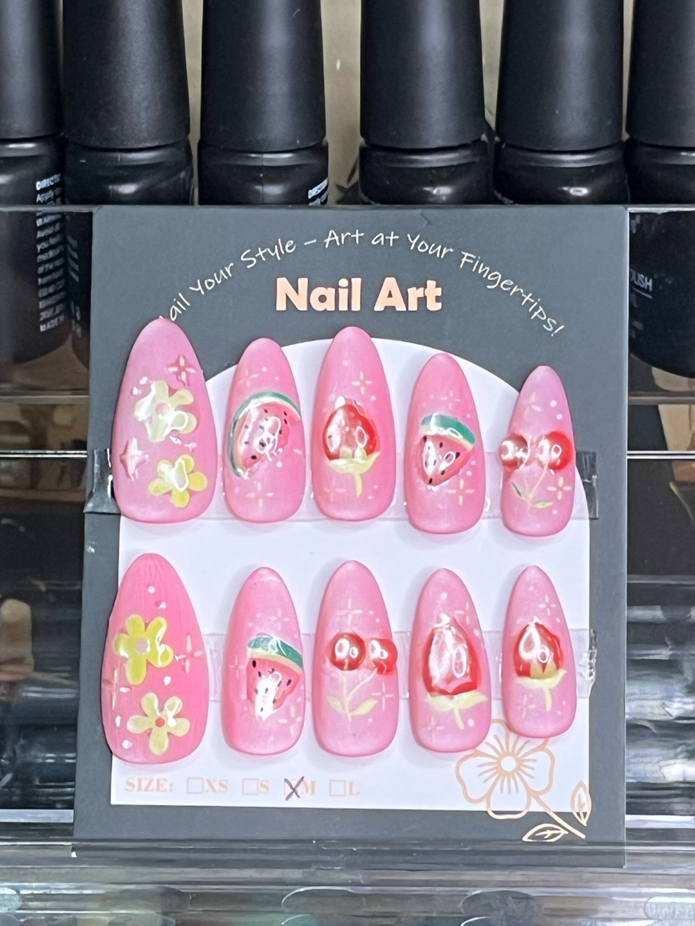 Nail Art Press-On Set — Pink Cat eye Strawberry & Floral Design